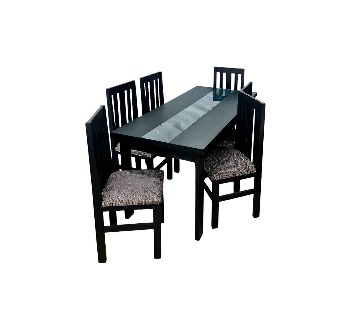 COMEDOR C/TOPE COMBINADO MDF/PVC NEGRO 6 SILLAS SHENIL CRUDO PATRICIA ISABEL